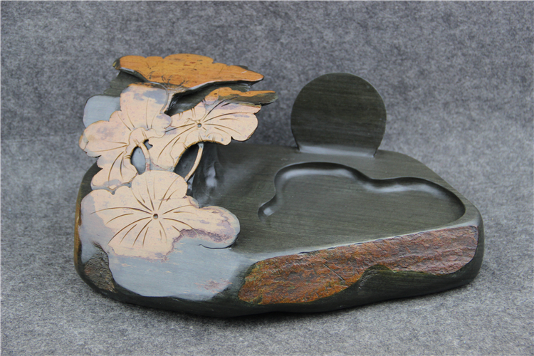 金暈魚子荷葉雕花歙硯，老坑硯臺(tái)龍尾硯