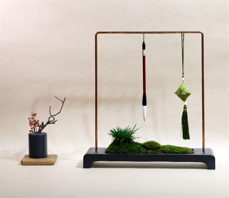 紫銅精品硯石毛筆掛，中式書法擺件筆架