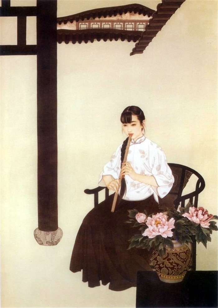 中國(guó)演奏傳統(tǒng)樂(lè)器笛子與簫的國(guó)畫(huà)作品