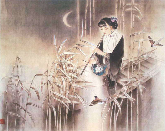 中國(guó)演奏傳統(tǒng)樂(lè)器笛子與簫的國(guó)畫作品