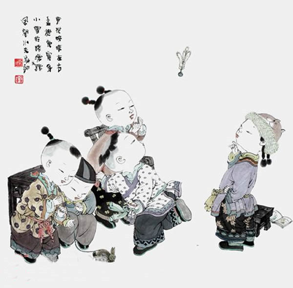 著名中國(guó)畫(huà)家王家訓(xùn)的筒子嬉戲圖