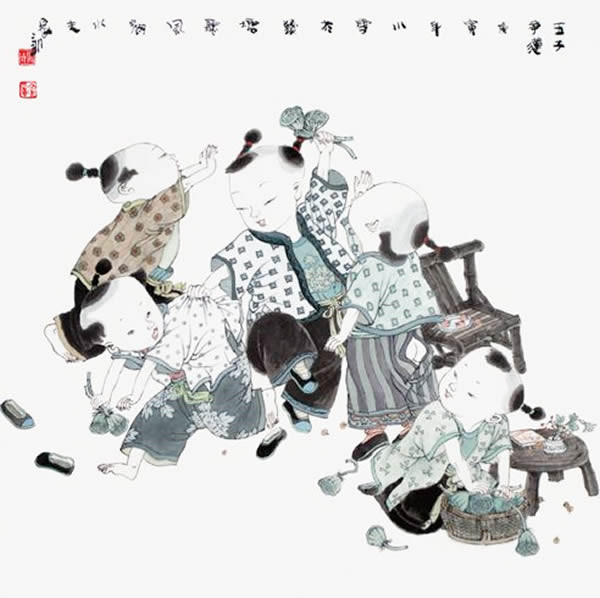 著名中國(guó)畫(huà)家王家訓(xùn)的筒子嬉戲圖