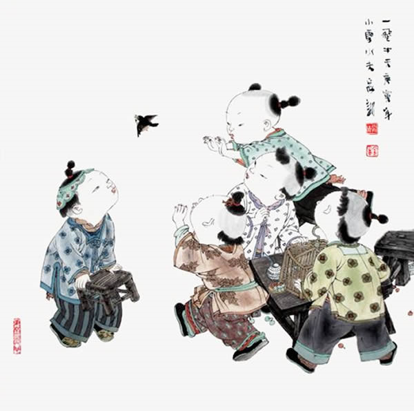 著名中國(guó)畫(huà)家王家訓(xùn)的筒子嬉戲圖