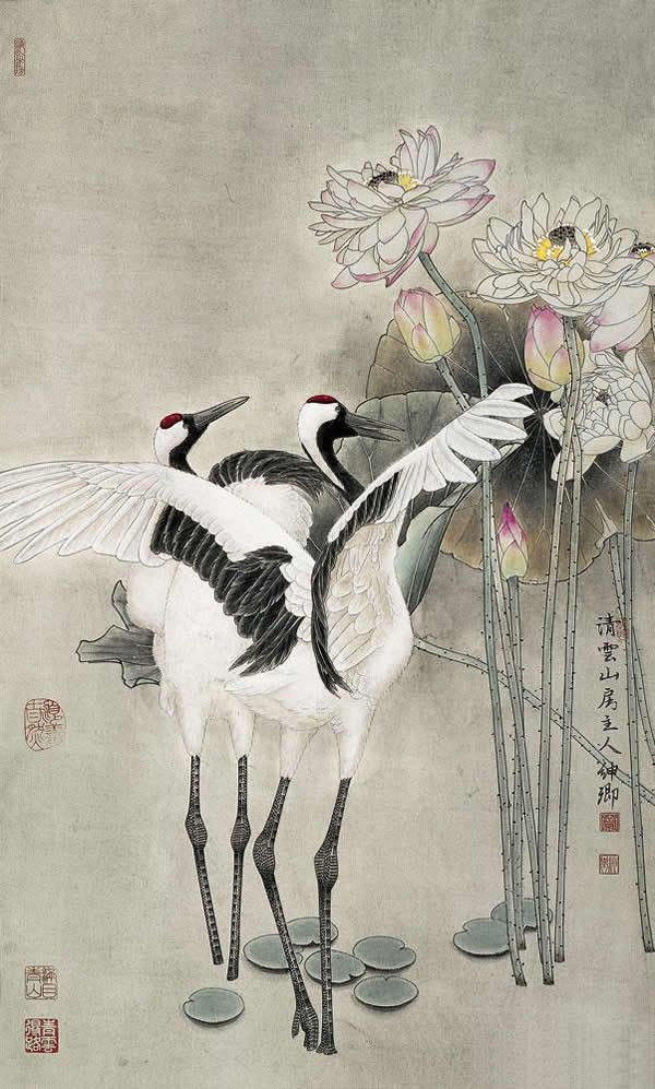 竇申清仙鶴工筆畫國畫作品欣賞