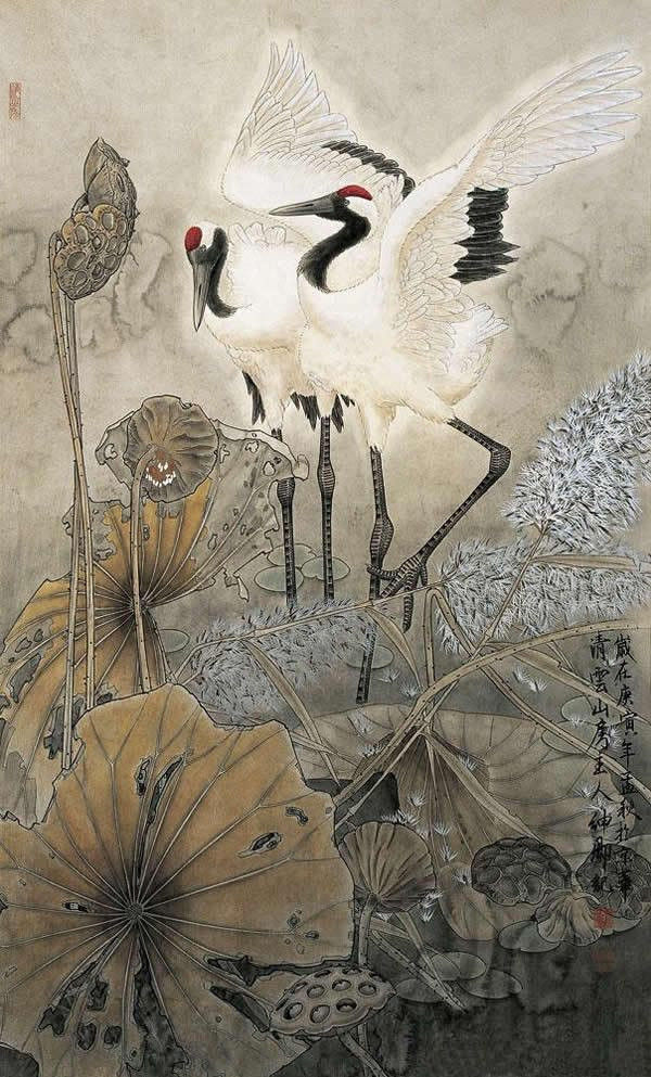 竇申清仙鶴工筆畫(huà)國(guó)畫(huà)作品欣賞