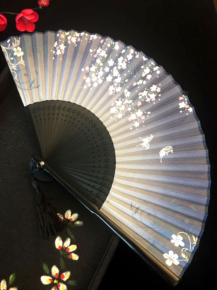 古典家佳樂文學烤漆邊真絲櫻花竹折扇
