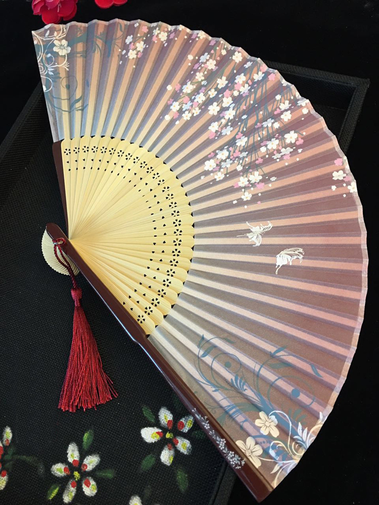 古典家佳樂文學烤漆邊真絲櫻花竹折扇