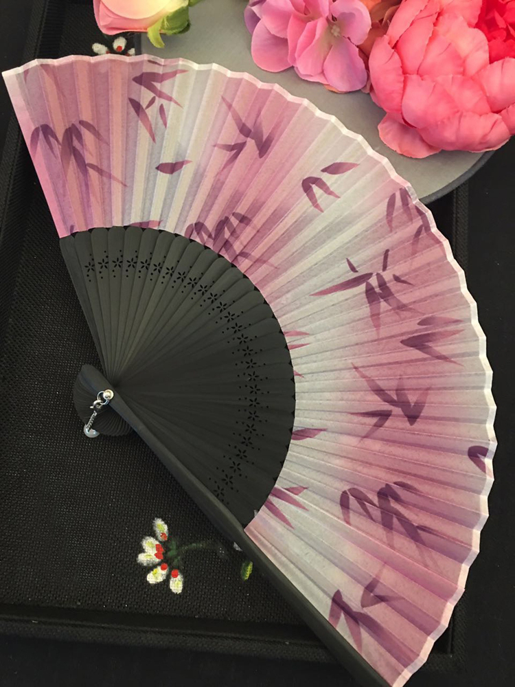 古典家佳樂文學烤漆邊真絲櫻花竹折扇