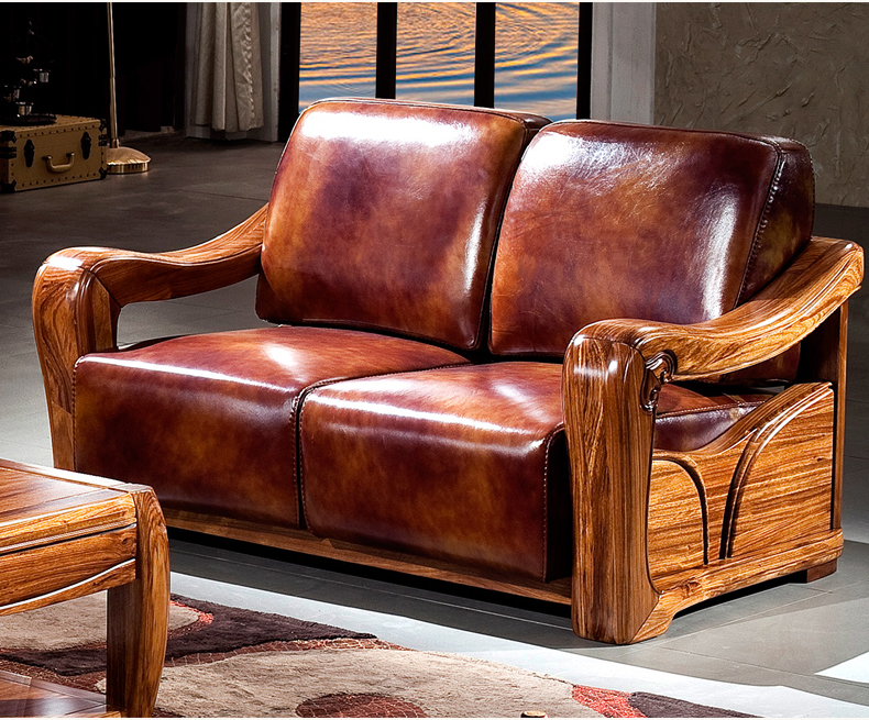 中式全實木烏金木真皮沙發(fā)客廳組合