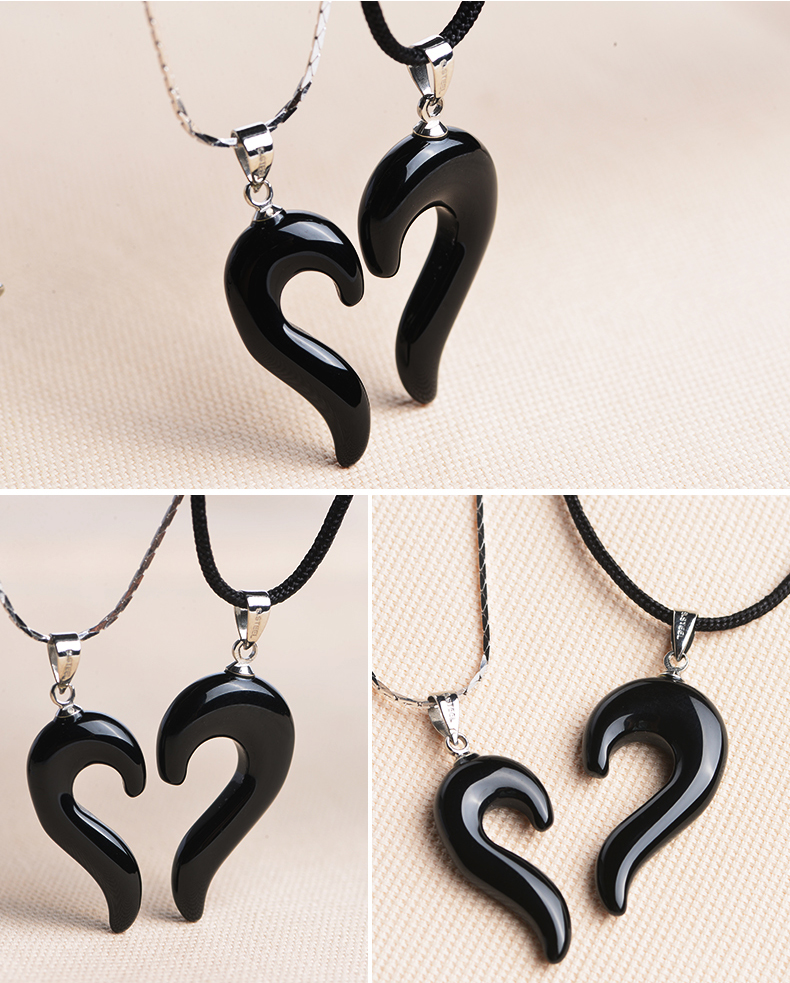 兩情相悅黑瑪瑙心形情侶吊墜銀鏈創(chuàng)意項鏈