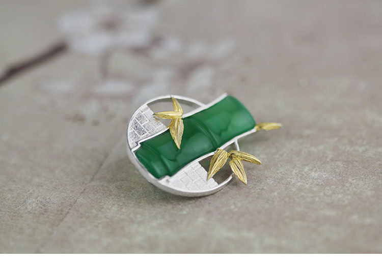 家佳樂文學(xué)古典鑲玉髓竹子純銀胸針