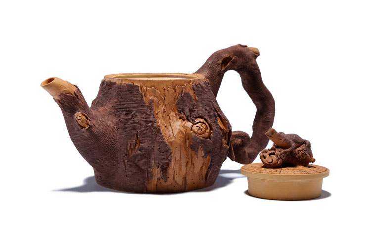 仿木外皮紫砂壺，創(chuàng)意木樁手工雕刻紫砂壺
