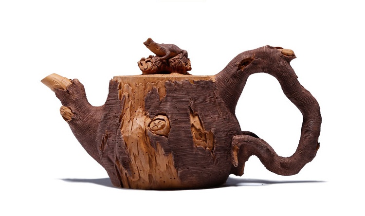 仿木外皮紫砂壺，創(chuàng)意木樁手工雕刻紫砂壺