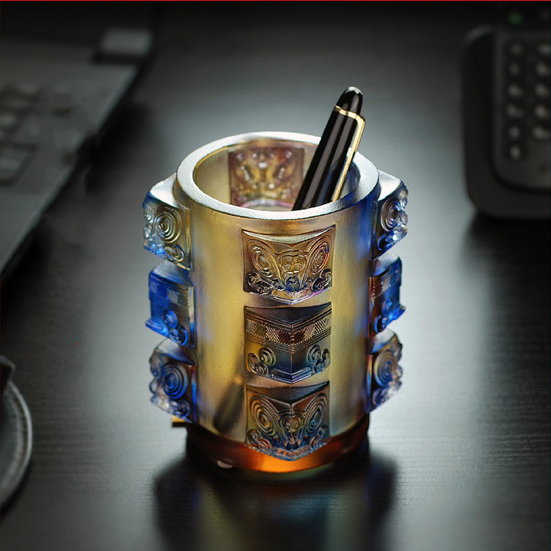 精美失蠟古琉筆筒，中國傳統(tǒng)手工琉璃筆筒