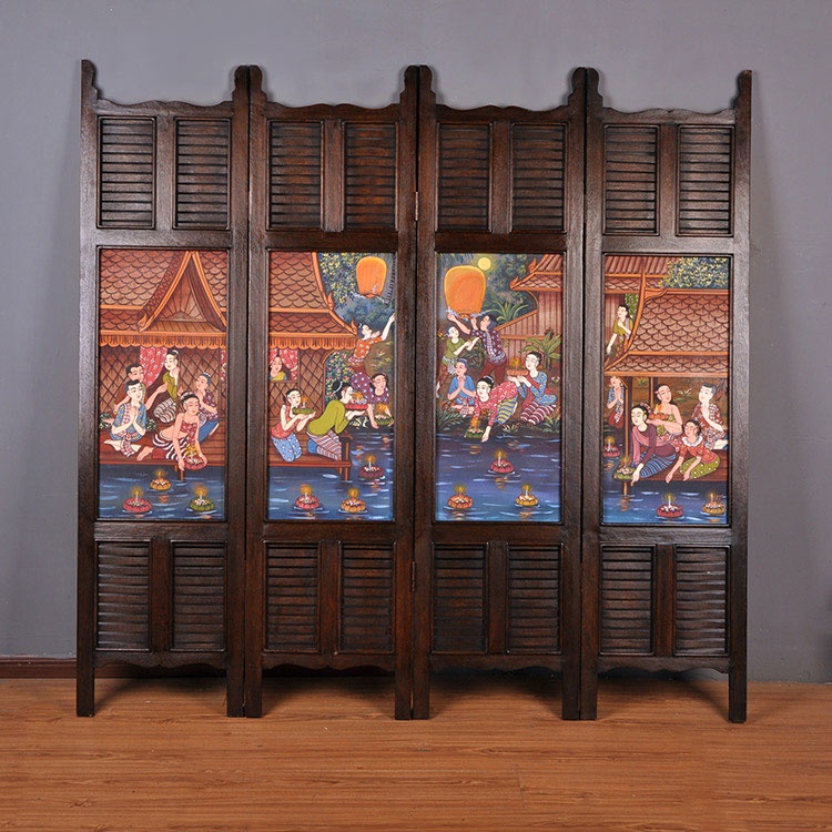 東南亞實(shí)木屏風(fēng)，手繪油畫(huà)屏風(fēng)