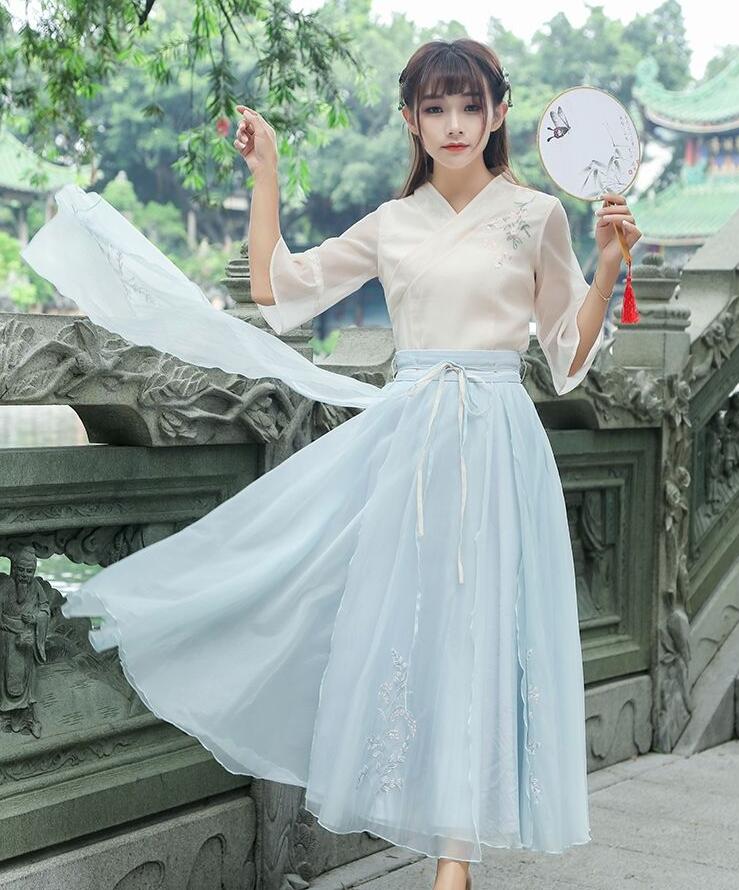 復(fù)古家佳樂文學(xué)廣袖長裙，雪紡清新淡雅漢服圖片