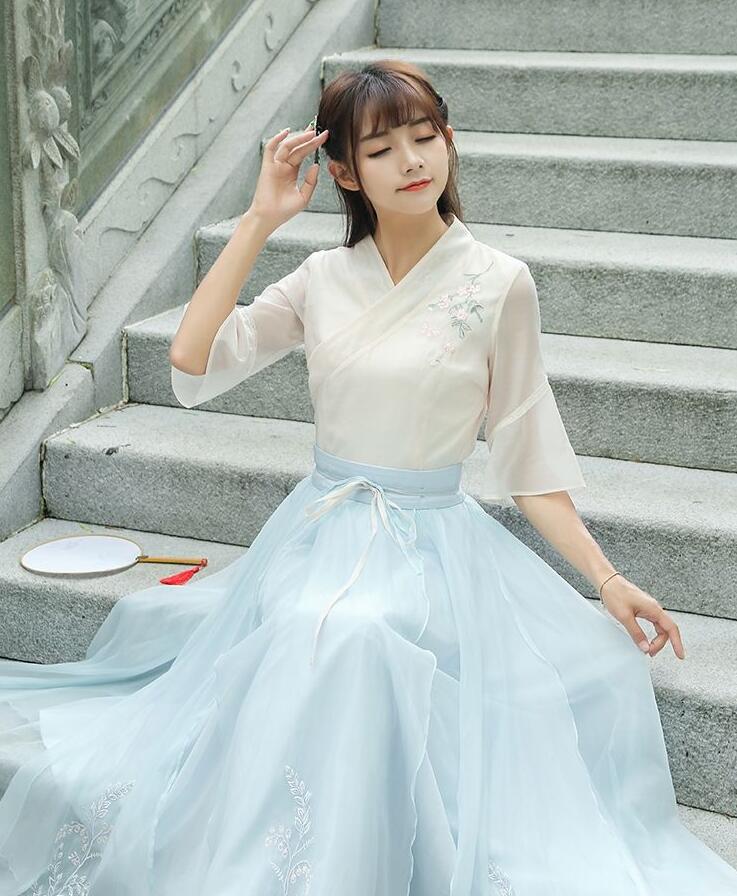 復(fù)古家佳樂文學(xué)廣袖長裙，雪紡清新淡雅漢服圖片