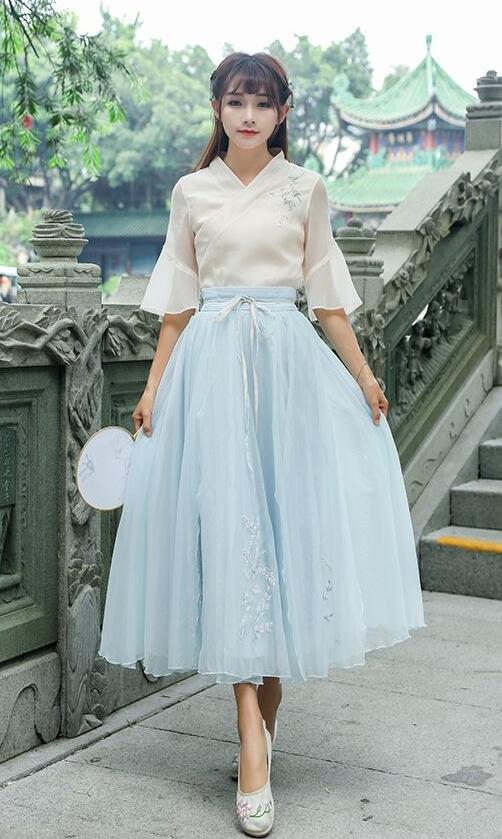 復(fù)古家佳樂文學(xué)廣袖長裙，雪紡清新淡雅漢服圖片
