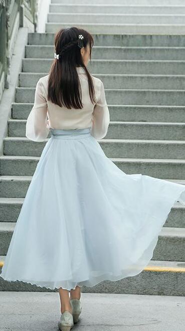 復(fù)古家佳樂文學(xué)廣袖長裙，雪紡清新淡雅漢服圖片