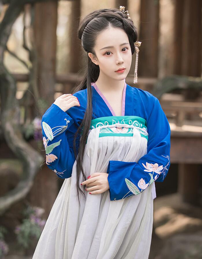 漢服荷花刺繡清新古裝，錦絲皺齊胸襦裙?jié)h服