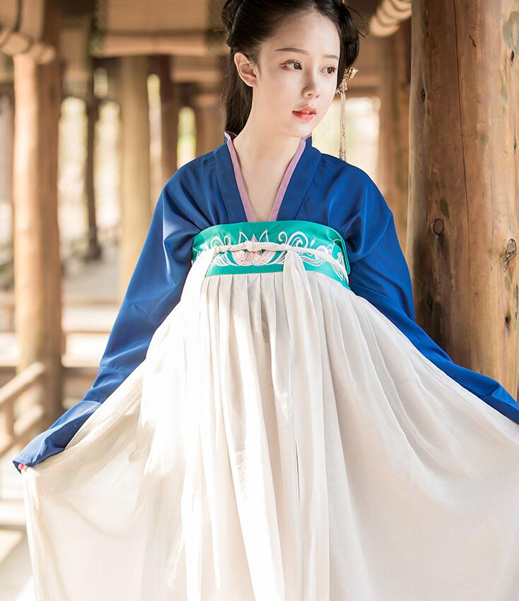 漢服荷花刺繡清新古裝，錦絲皺齊胸襦裙?jié)h服