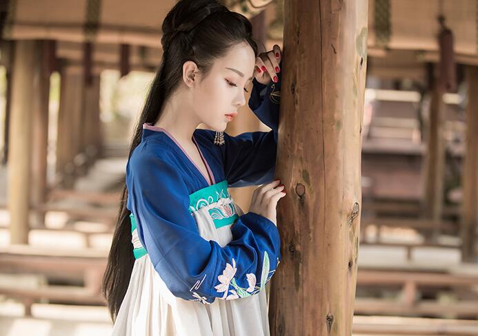 漢服荷花刺繡清新古裝，錦絲皺齊胸襦裙?jié)h服