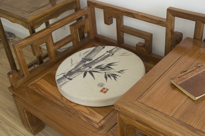 家佳樂文學亞麻布料坐墊，水墨畫圓凳子坐墊