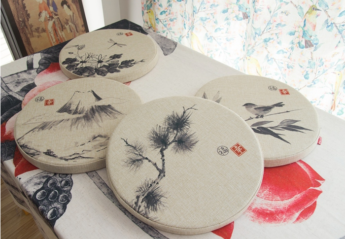 家佳樂文學亞麻布料坐墊，水墨畫圓凳子坐墊