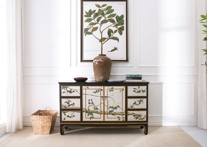 清新國畫收納進(jìn)門柜子，實(shí)木玄關(guān)裝飾門廳柜子