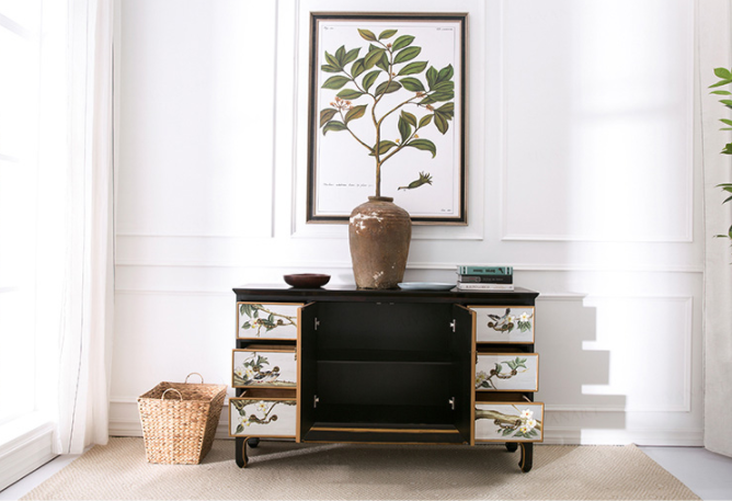 清新國畫收納進(jìn)門柜子，實(shí)木玄關(guān)裝飾門廳柜子