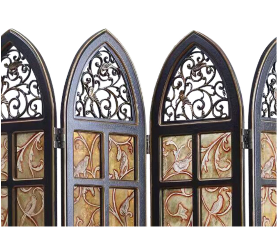 實(shí)木鏤空玄關(guān)折屏，新古典復(fù)古彩繪玻璃屏風(fēng)