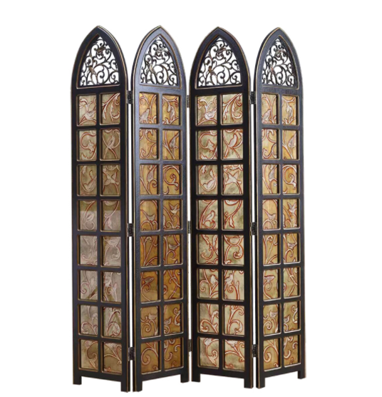 實(shí)木鏤空玄關(guān)折屏，新古典復(fù)古彩繪玻璃屏風(fēng)
