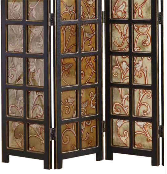 實(shí)木鏤空玄關(guān)折屏，新古典復(fù)古彩繪玻璃屏風(fēng)