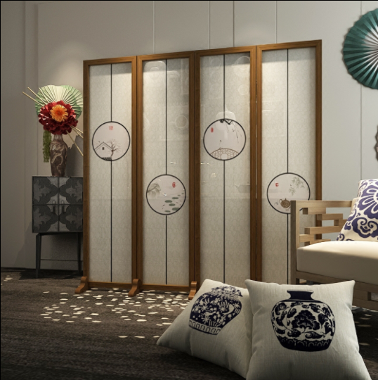 新中式隔斷折屏，玄關(guān)半透紗折疊雙面屏風(fēng)
