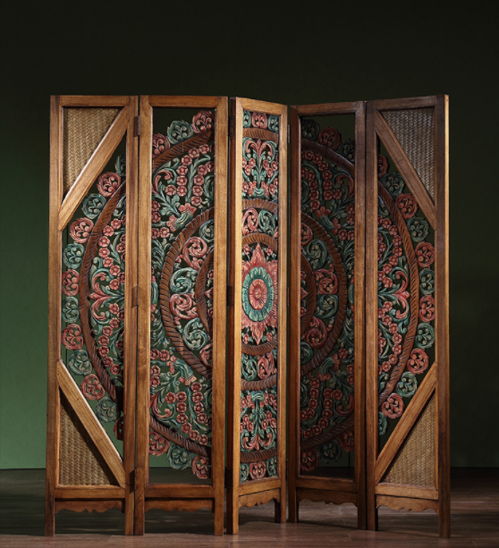 中式復古實木隔斷屏風，彩繪木質(zhì)手工雕花屏風