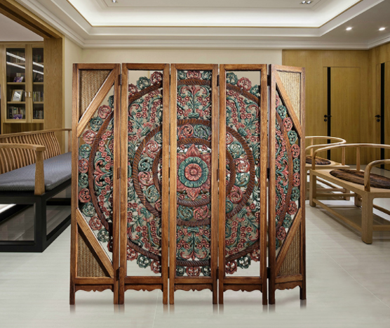 中式復古實木隔斷屏風，彩繪木質(zhì)手工雕花屏風