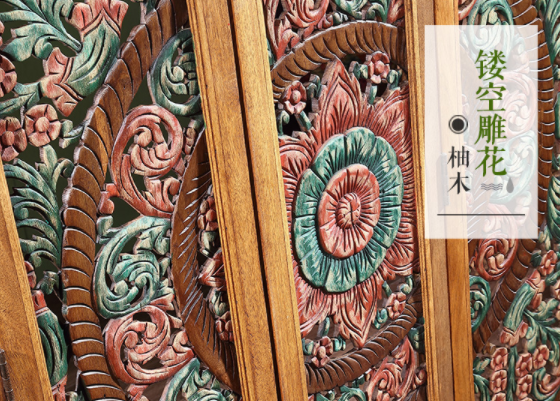 中式復古實木隔斷屏風，彩繪木質(zhì)手工雕花屏風
