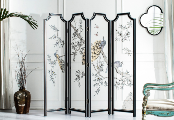 新古典實木手繪孔雀隔斷屏風(fēng)