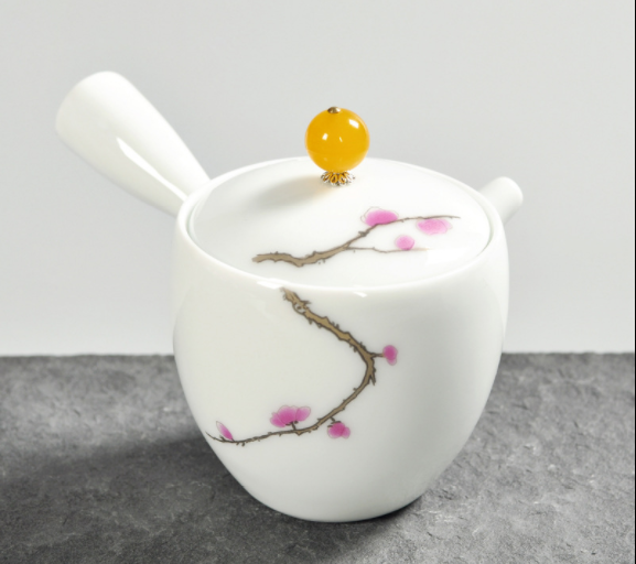 手工茶壺，脂白描金側(cè)把功夫茶具
