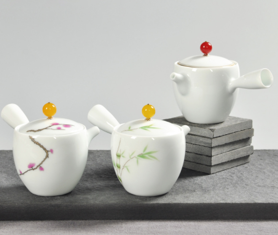 手工茶壺，脂白描金側(cè)把功夫茶具