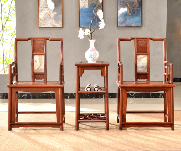 大理石南官帽椅，中式實木云石椅子