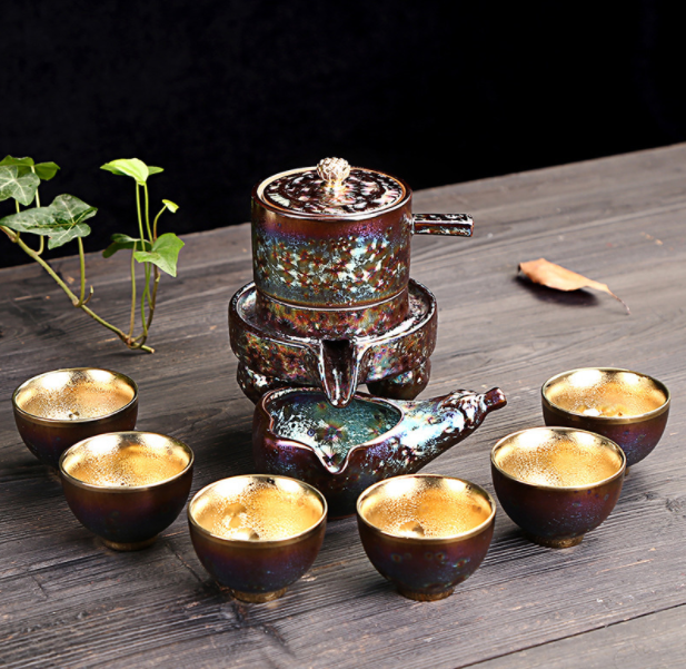 鎏金半自動(dòng)茶具，中式石磨功夫茶具