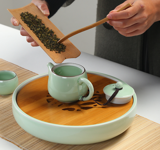 一盞清禪青瓷茶盤，陶瓷手繪荷花茶具