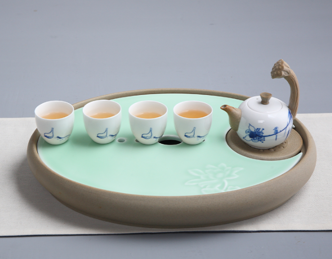一盞清禪青瓷茶盤，陶瓷手繪荷花茶具