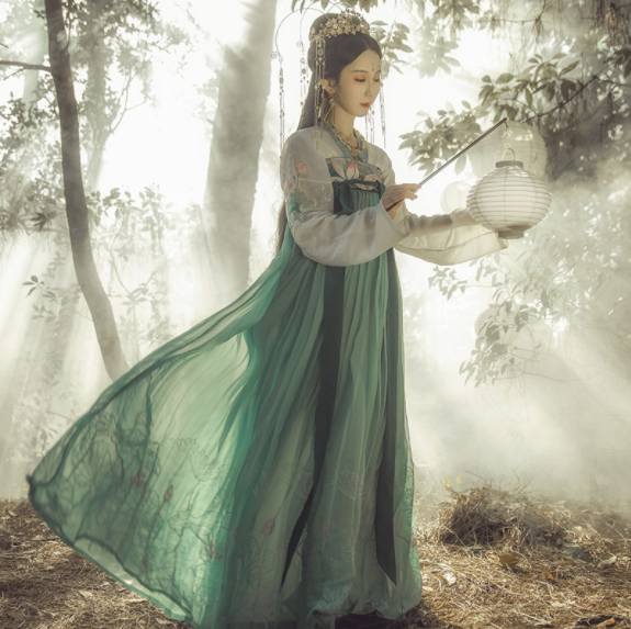 齊胸襦裙?jié)h服，仙女蓮花荷葉刺繡裙