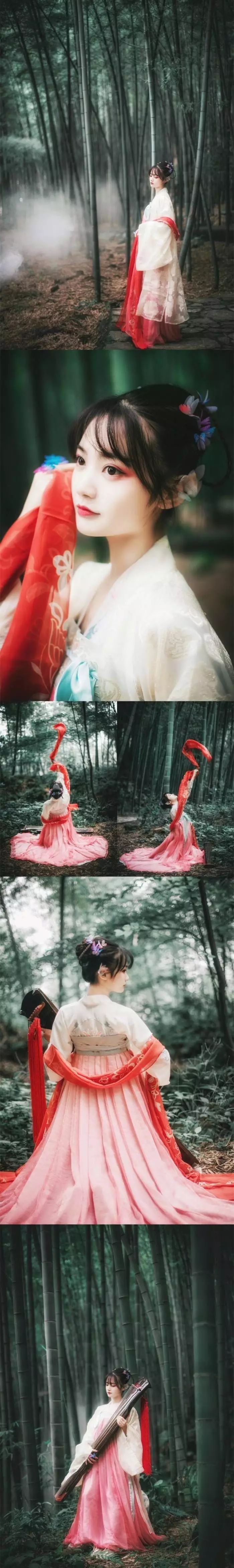 古裝攝影，山際見來煙，竹中窺落日