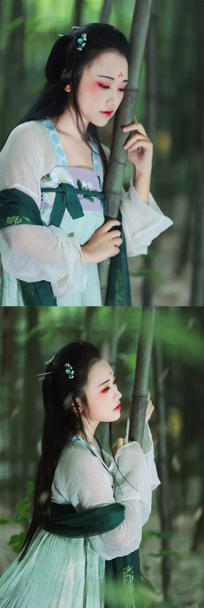 古裝攝影，山際見來煙，竹中窺落日