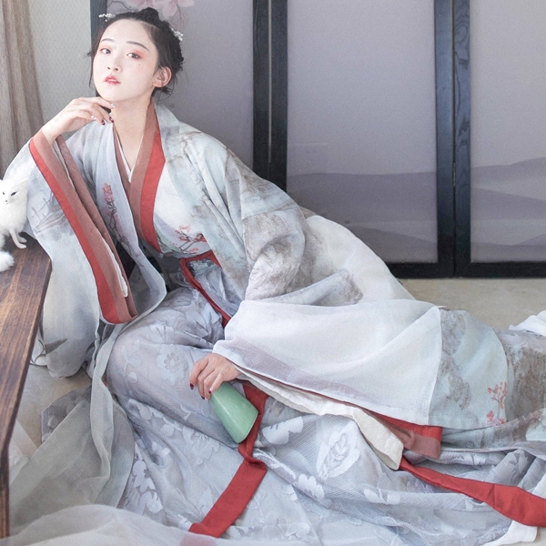 魏晉風(fēng)交領(lǐng)齊腰襦裙?jié)h服，古風(fēng)印花雪紡漢服