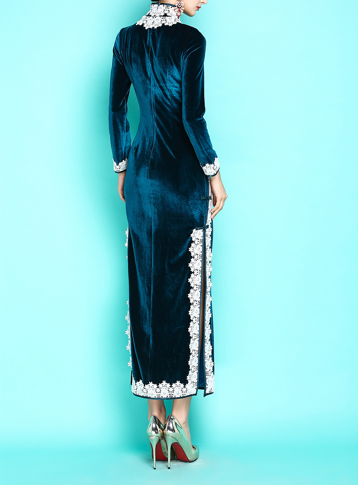 天鵝絨蕾絲花邊旗袍，民國復(fù)古旗袍裙