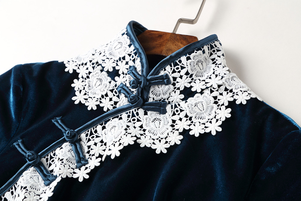 天鵝絨蕾絲花邊旗袍，民國復(fù)古旗袍裙